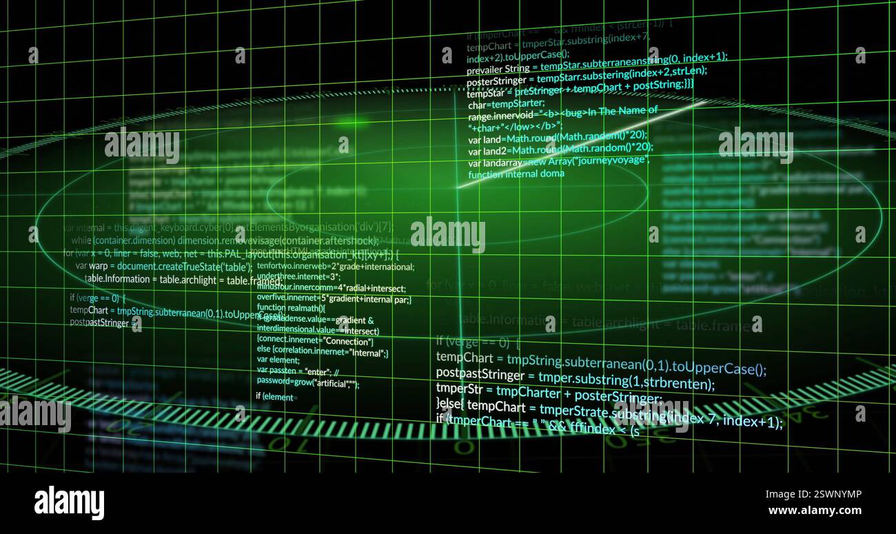 Computer code and data processing image over green grid background Stock Photo