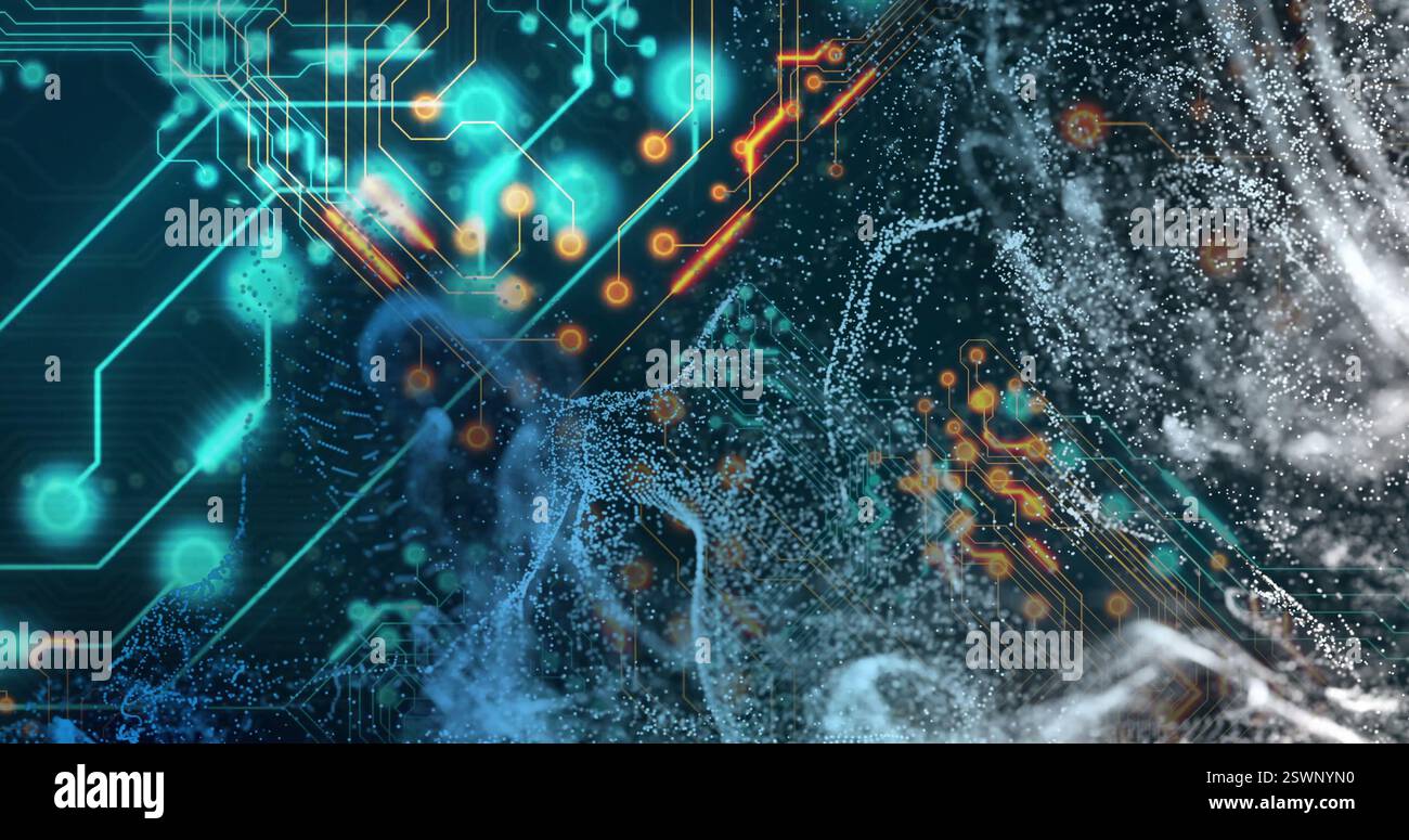 Digital circuit and data flow image over abstract blue and orange background Stock Photo