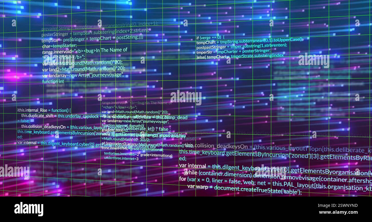 Programming code and data processing image over colorful digital grid background Stock Photo