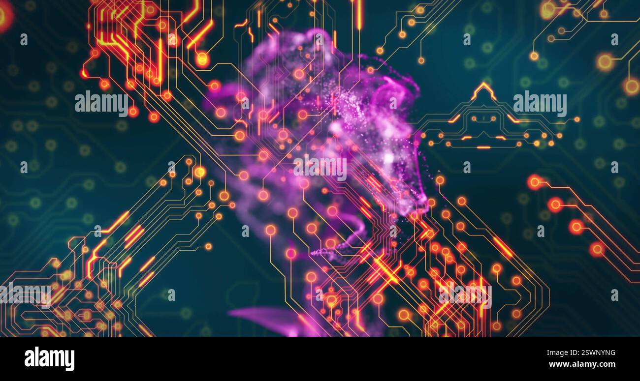 Circuit board and neural network image over colorful abstract ...