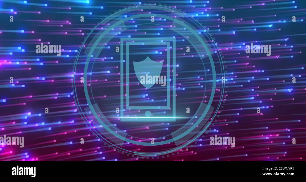 Smartphone with shield icon image over colorful digital data streams Stock Photo