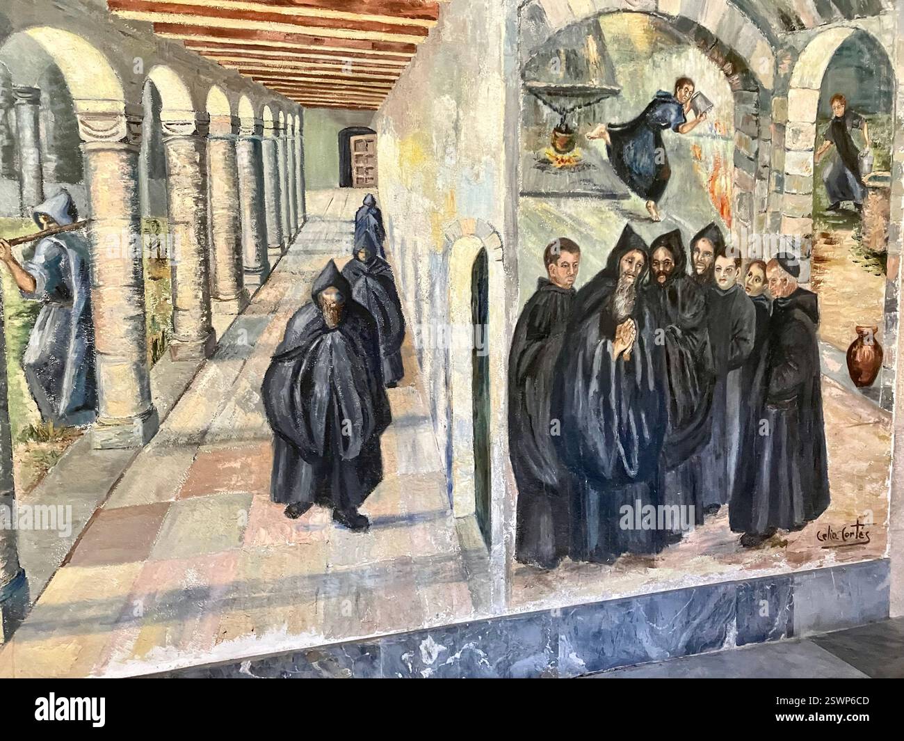 Wall Paintings in the Cloisters of Samos Monastery, Galicia, Spain - Smartphone Captured Stock Image