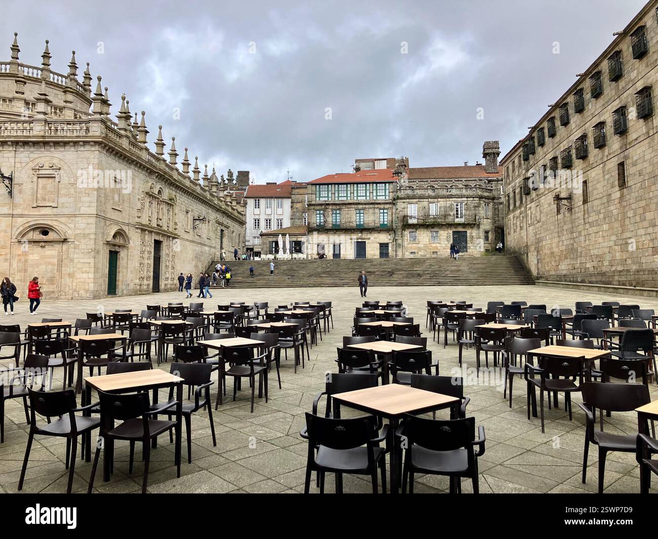 Tables and Chairs at a Cafe in Praza de Quintana de Mortos, Santiago de Compostela, Galicia, Spain - Smartphone Captured Stock Image