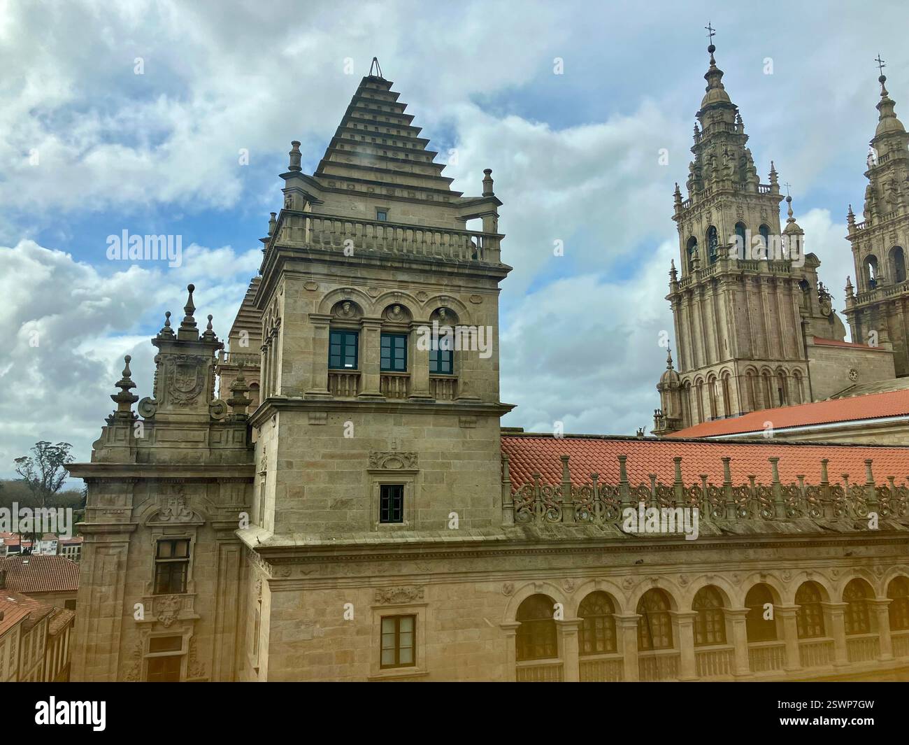 Torre del Tesoro and the Catedral De Santiago de Compostela, Galicia, Spain - Smartphone Captured Stock Image