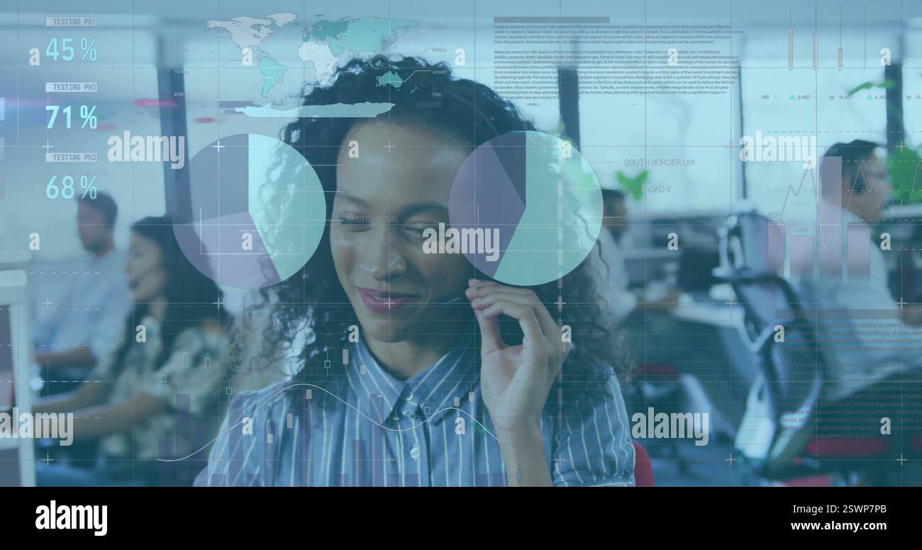 Image of data processing over african american businesswoman using phone headset in office Stock Photo