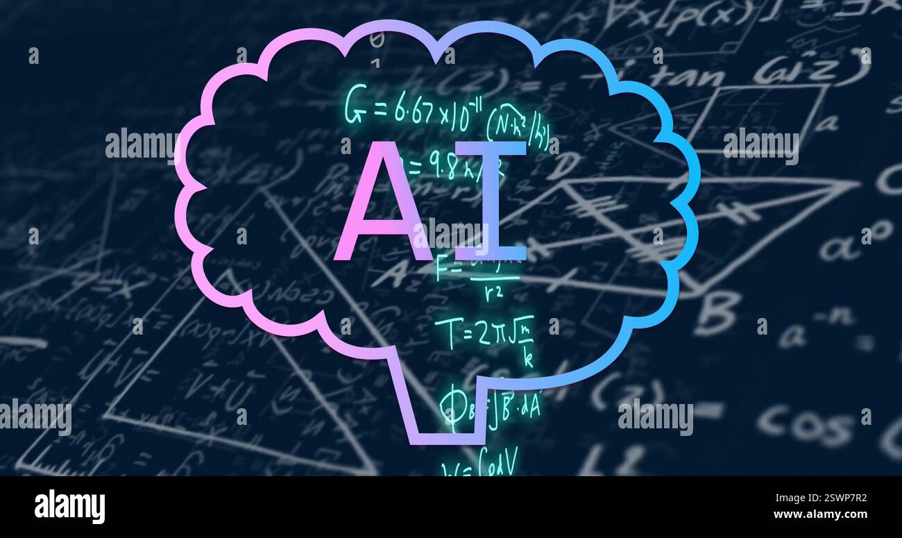AI text inside brain shape over mathematical equations image Stock Photo