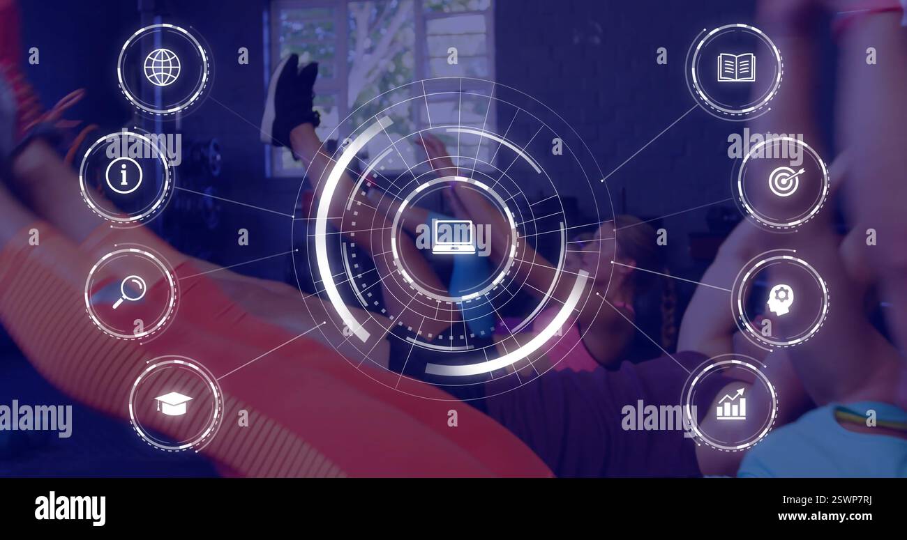 Digital interface image over person exercising indoors Stock Photo