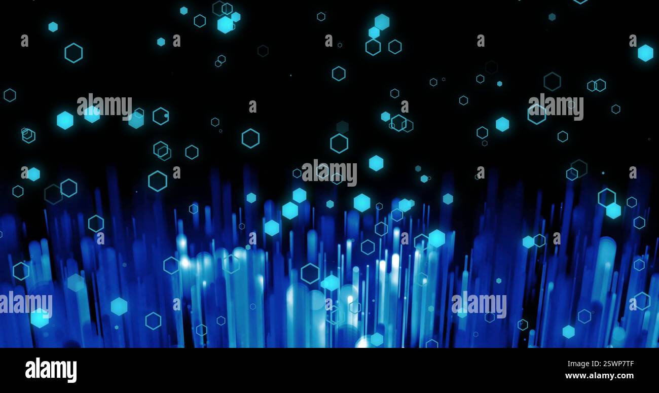 Hexagonal shapes and vertical lines image over dark background Stock Photo
