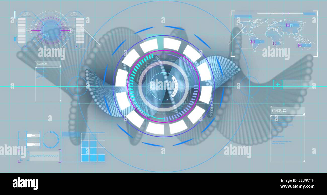 Futuristic data processing image over digital DNA strand and world map Stock Photo