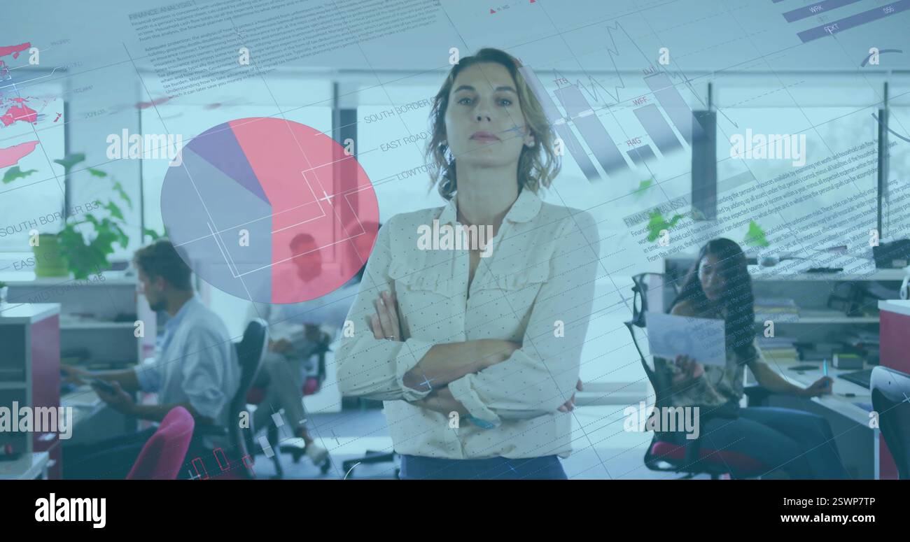 Image of data processing and diagrams over diverse colleagues working ...