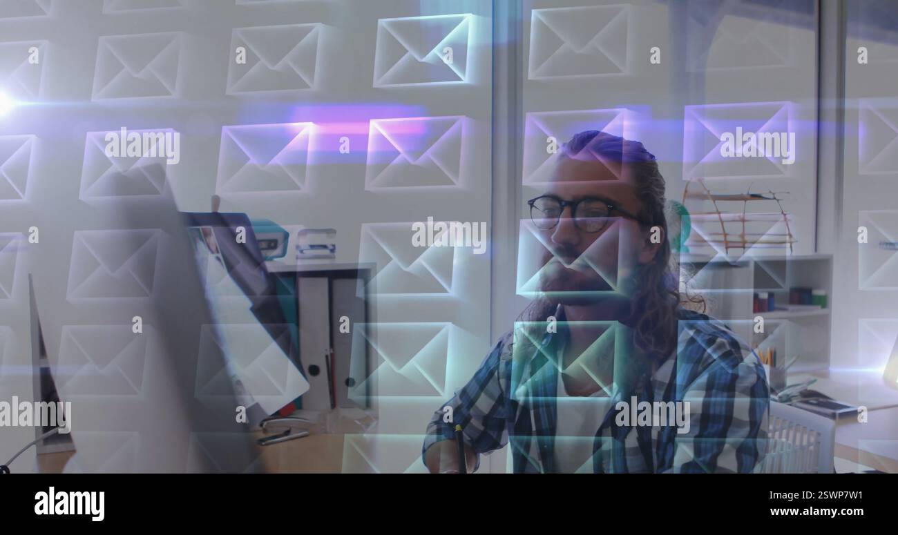 Email icons image over office workspace with shelves and desk Stock ...