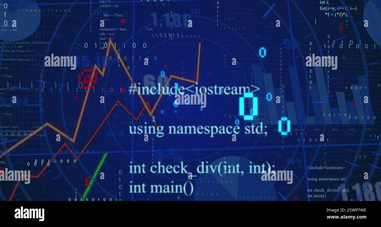 Financial data and binary code image over stock market graphs and charts Stock Photo