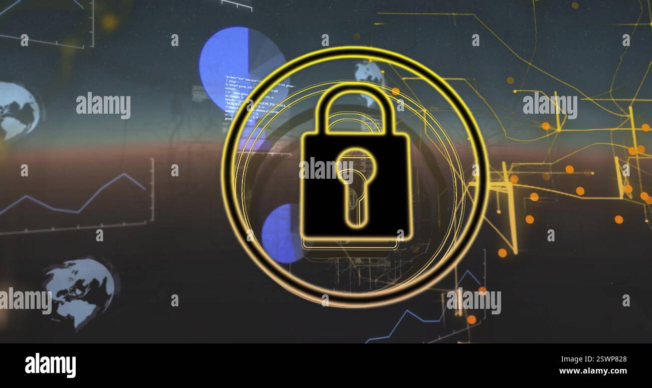 Lock icon image over digital data and world map background Stock Photo