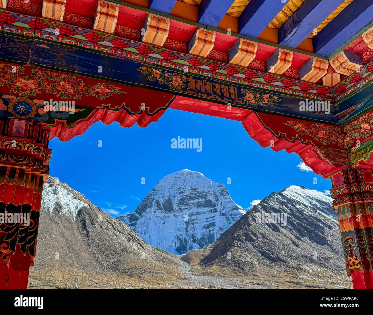 View of the sacred Mount Kailash from the kora/pilgrimage trail in the Tibet Autonomous Region - Smartphone Captured Stock Image