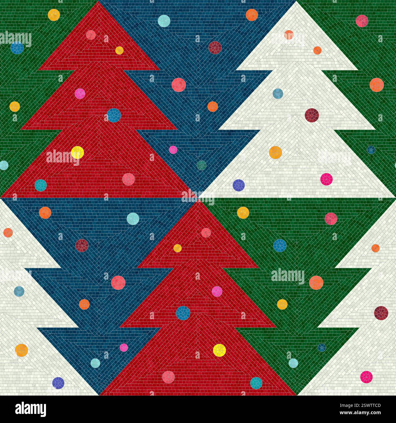 Mosaic tiles Christmas tree seamless vector pattern Stock Vector