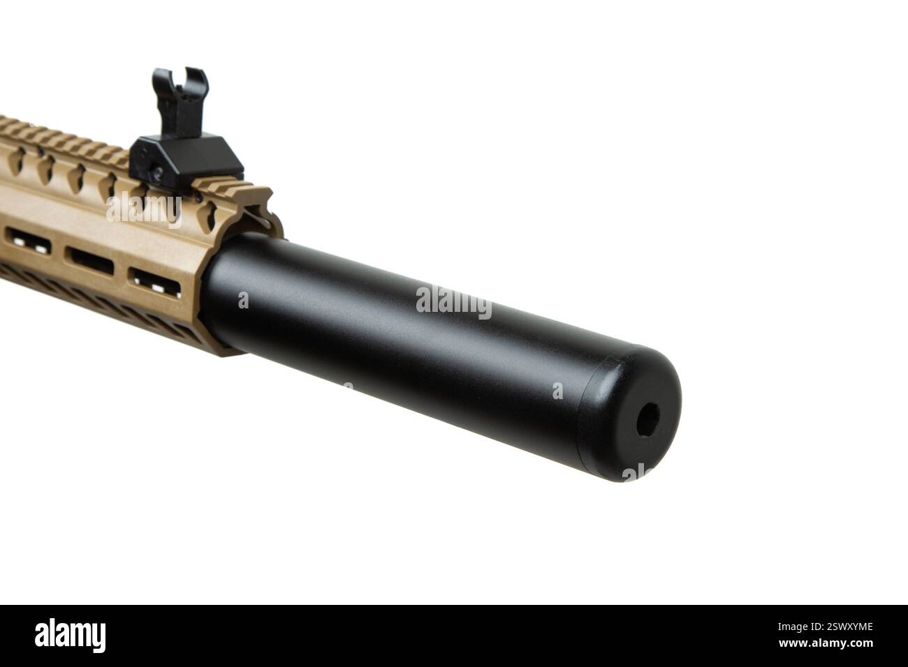 Close-up of a modern AR-style air rifle barrel with a suppressor ...