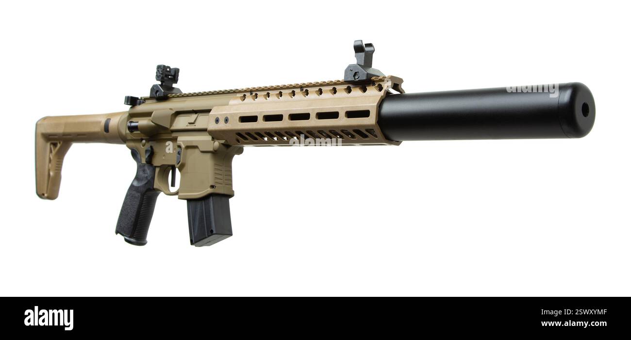 Airsoft replica of a modern AR-style carbine, featuring tan and black ...
