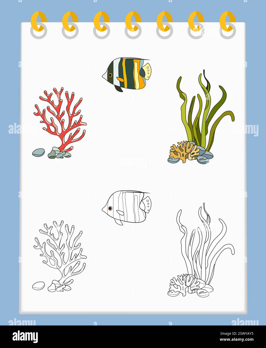 Coloring book Vector Illustration Fish Seaweed Coral reef stone plant ...