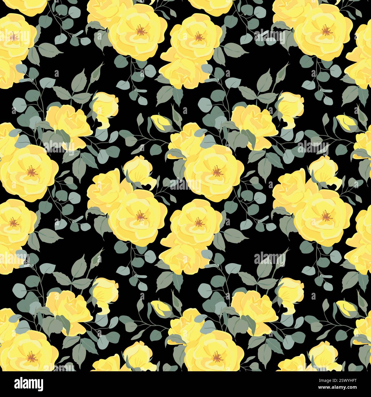 Seamless vector pattern with yellow roses and leaves. Floral pattern ...