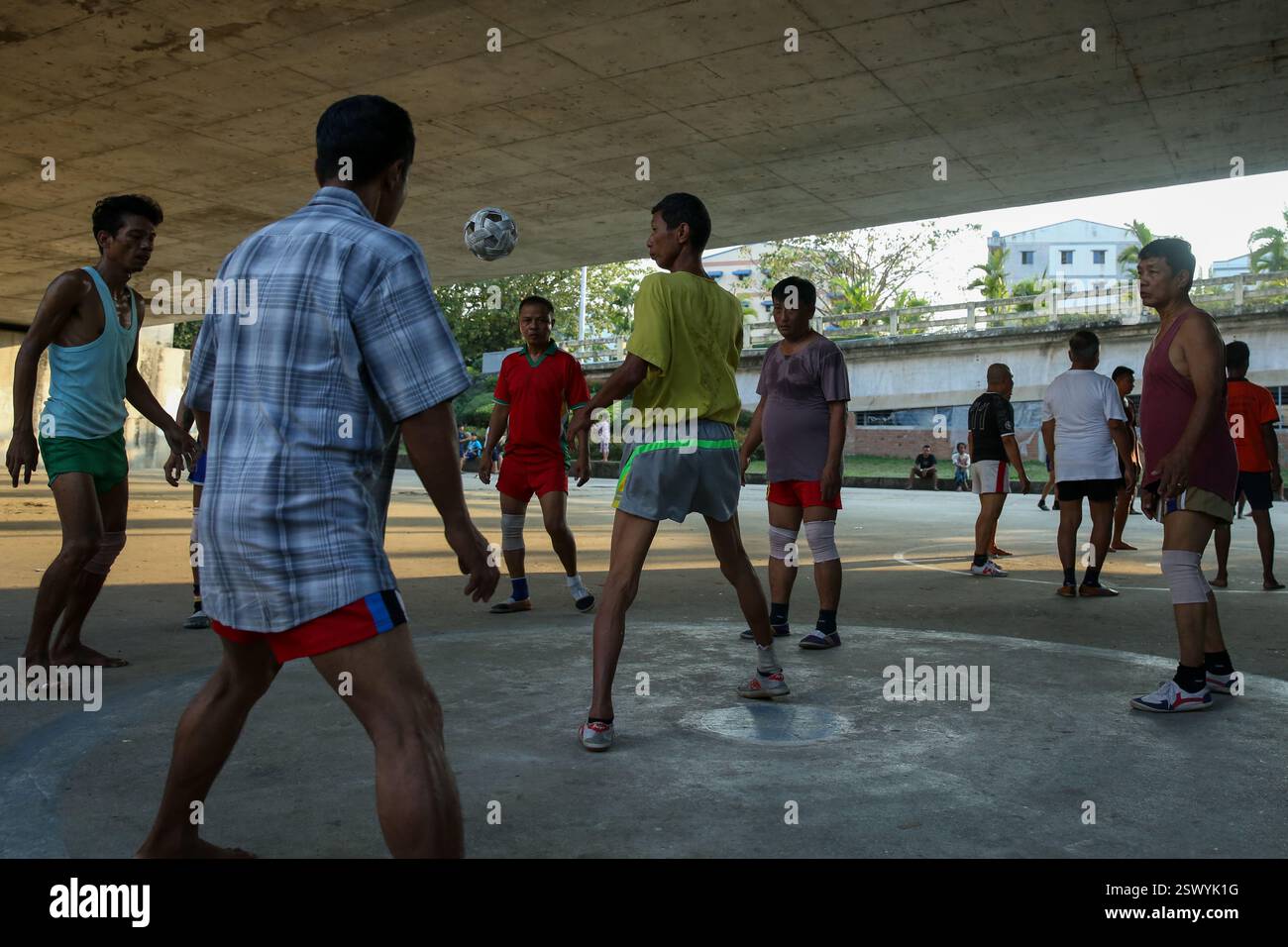 Yangon, Myanmar. 22nd Feb, 2025. People play Chinlone (caneball) under ...