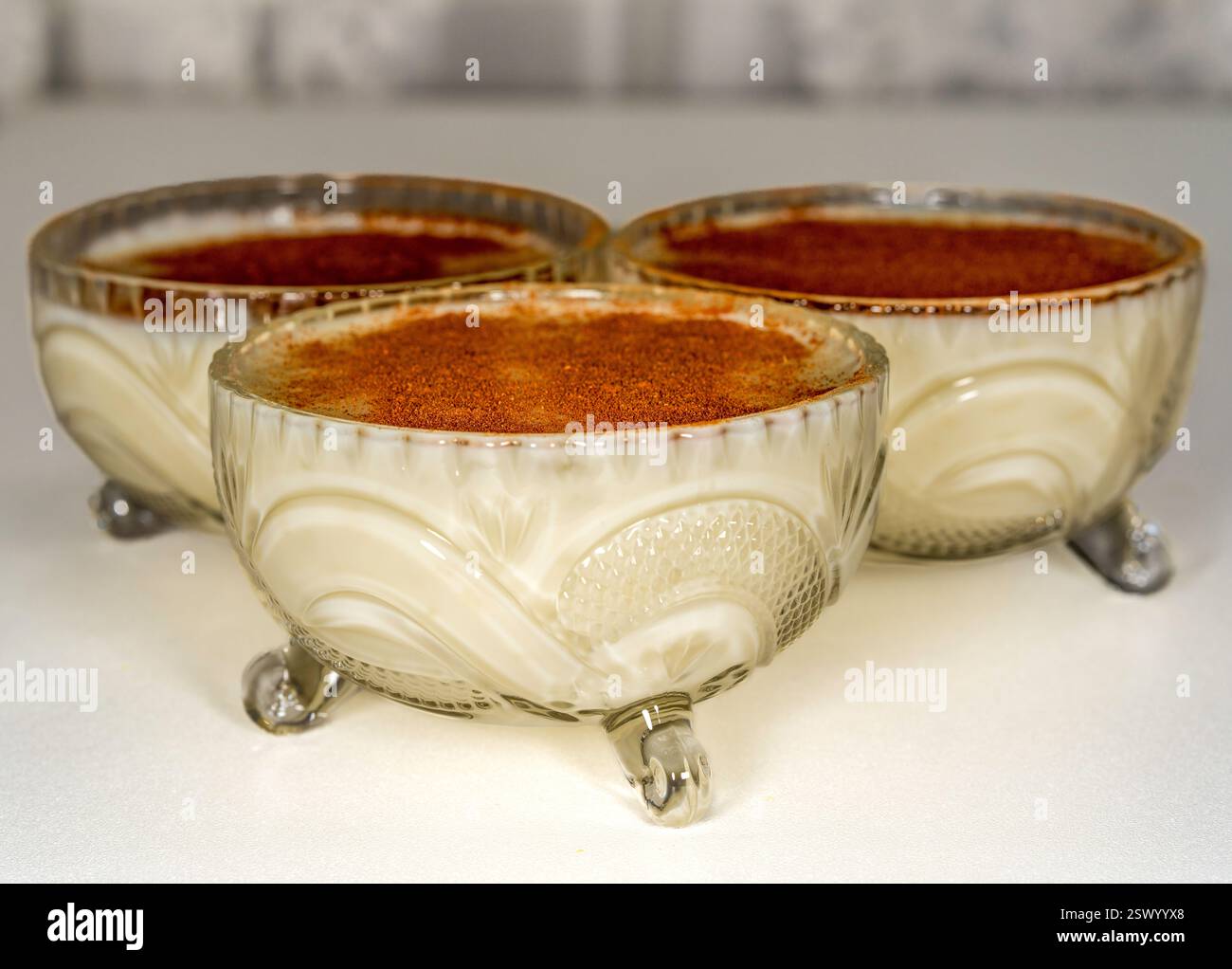 Traditional Turkish Rice Pudding in Elegant Vintage Glass Bowls with a Dusting of Cinnamon on a White Surface in a Classic Dessert Presentation Stock Photo