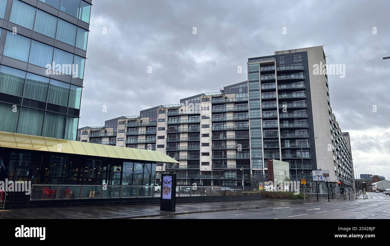 Glasgow city centre views of iconic buildings and famous tourist attractions in the rain. Dull overcast day. Grim Scottish city - Smartphone Captured Stock Image