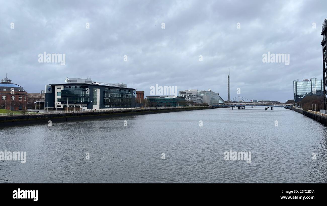 Glasgow city centre views of iconic buildings and famous tourist attractions in the rain. Dull overcast day. Grim Scottish city - Smartphone Captured Stock Image