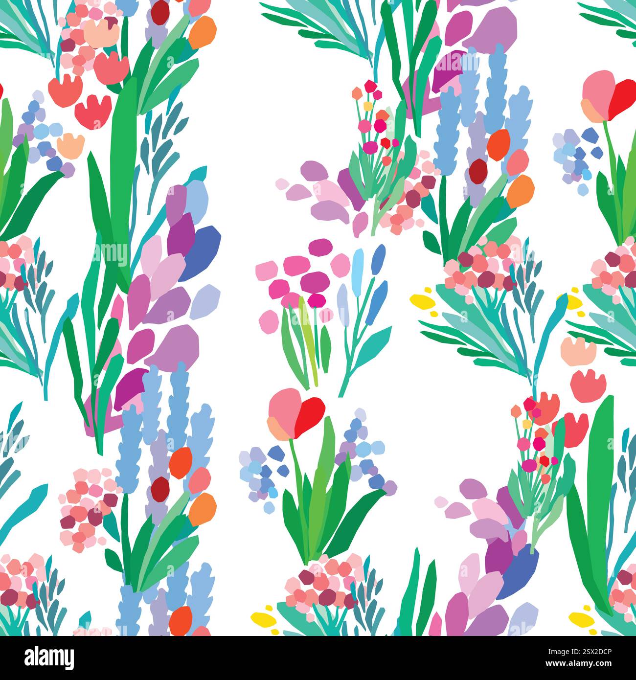 Seamless pattern of colorful flowers and leaves on a white background ...