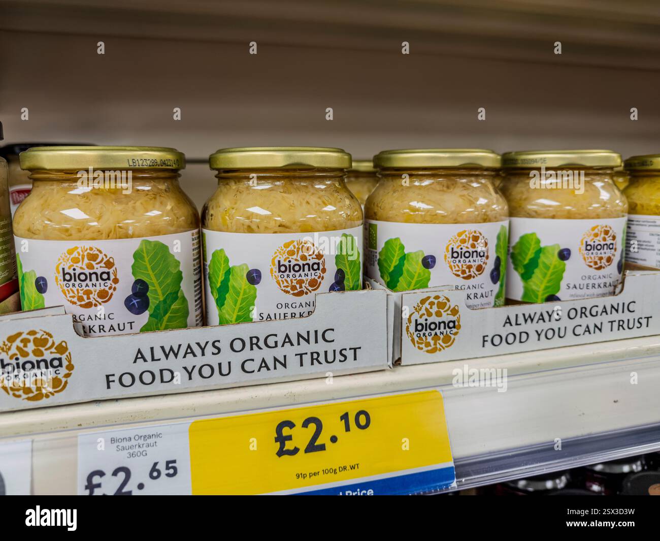Biona organic Sauerkraut stacked on a supermarket shelf - Smartphone Captured Stock Image
