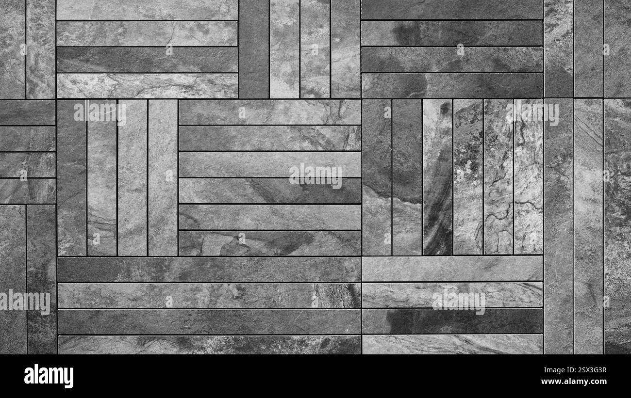 A gray tile floor with a pattern of wood and stone. The tiles are ...