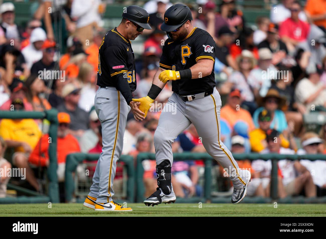 Pittsburgh Pirates' DJ Stewart, right, celebrates hitting a home run ...