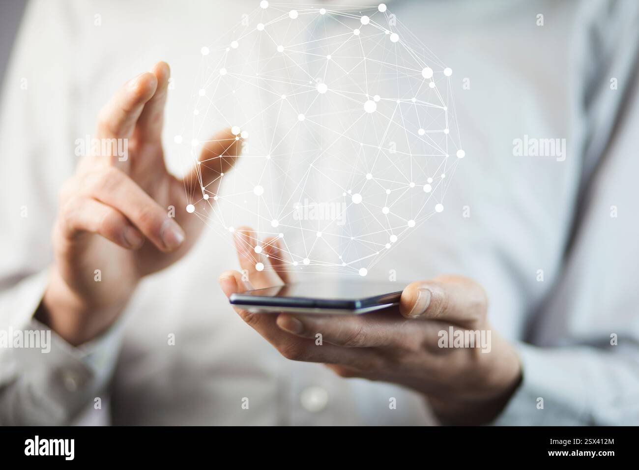 businessman touching virtual screen with cyber icon Stock Photo