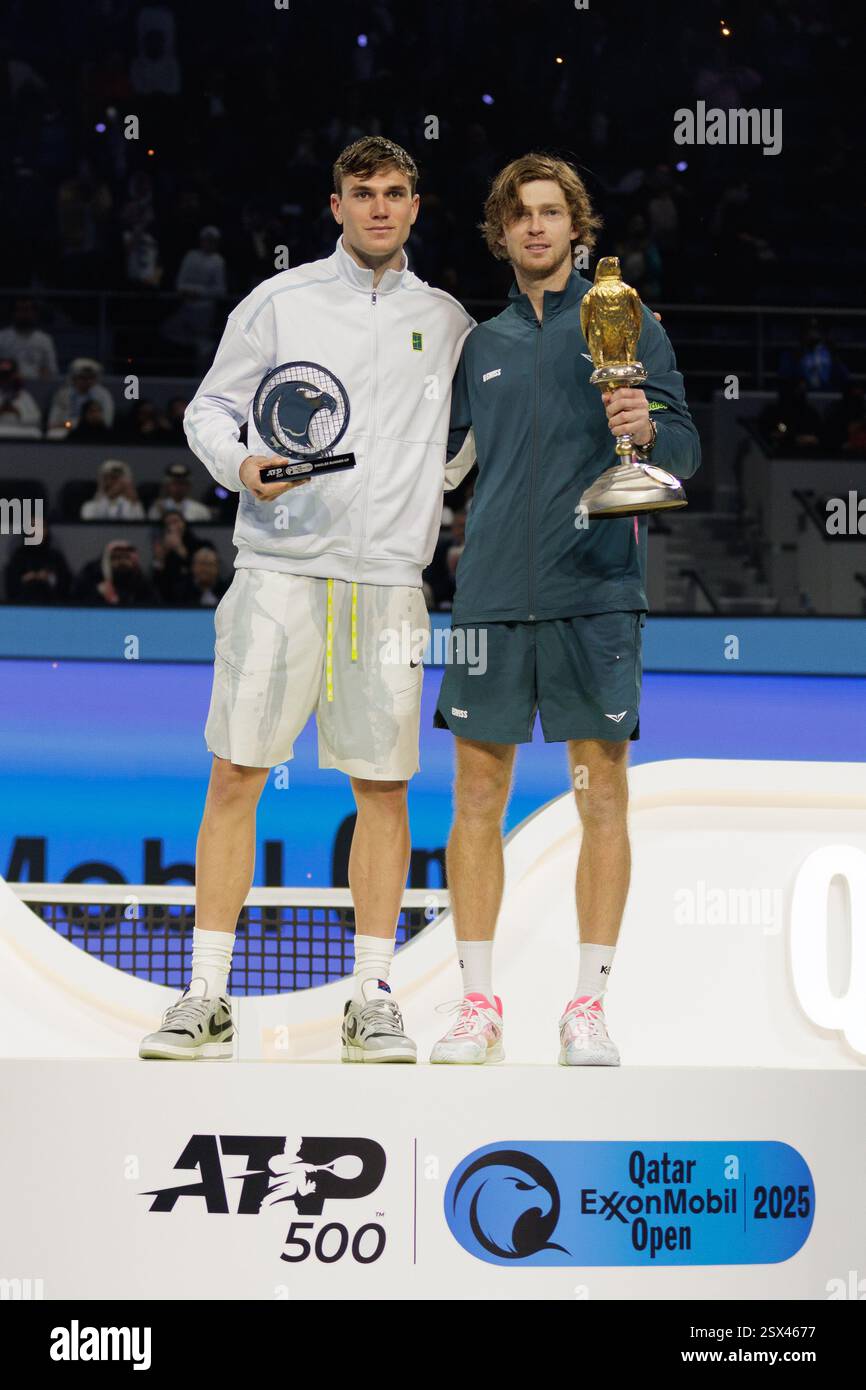 Rublev Doha Russia's Andrey Rublev (R) and Britain's Jack Draper pose on the podium ...