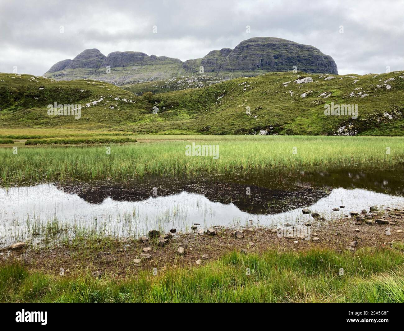 View of the iconic Scottish mountain Suilven looking south, Inverpolly Sutherland, Scotland - Smartphone Captured Stock Image