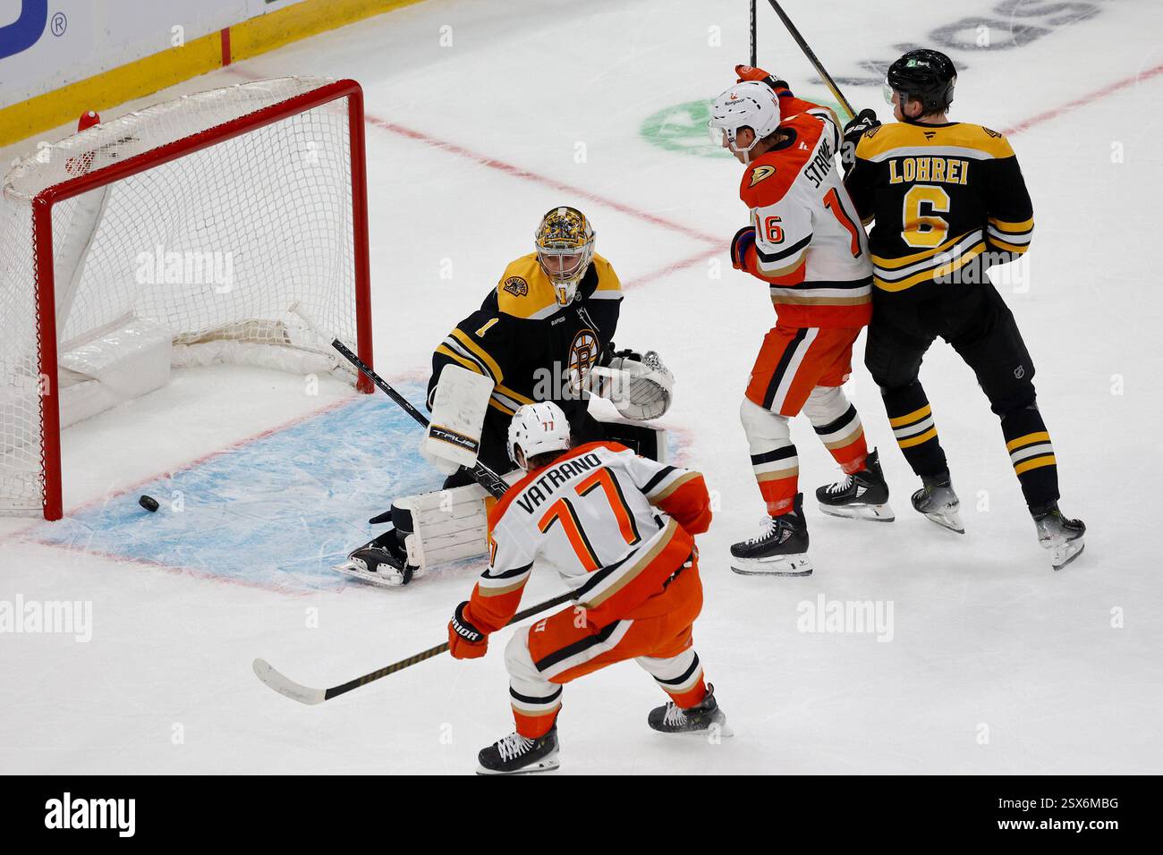 Anaheim Ducks right wing Frank Vatrano (77) scores past Boston Bruins ...