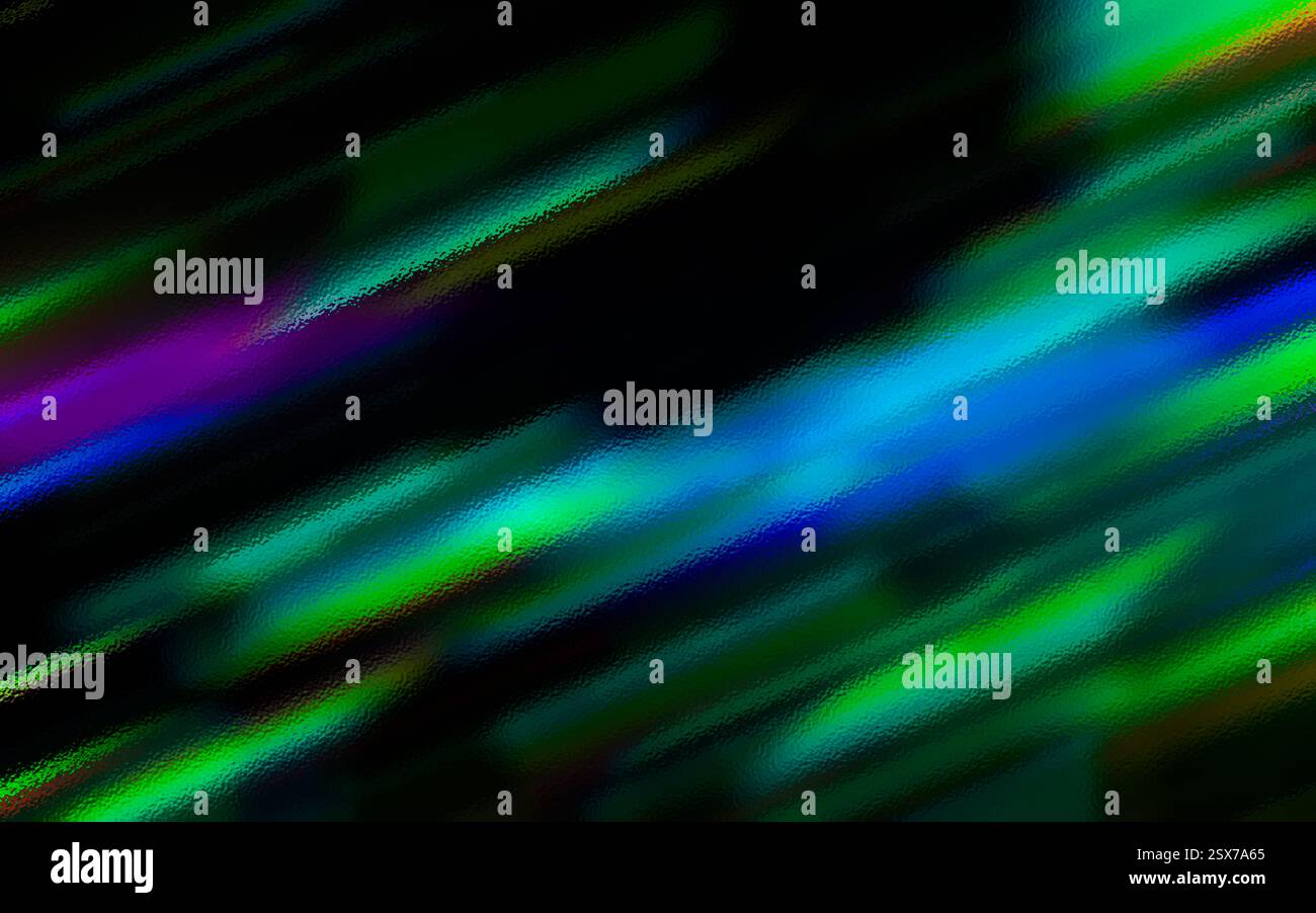 Vibrant abstract pattern of multi coloured light refractions . glass surface, creating a dynamic and fluid visual effect . Iridescent sparkling glow. Stock Photo