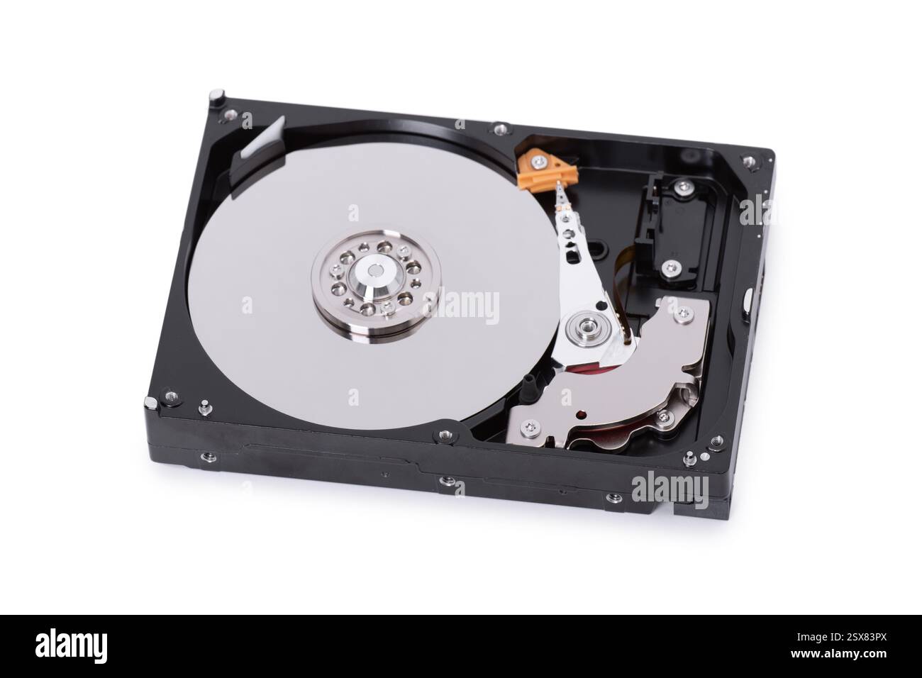 Open hard disk drive isolated on white background Stock Photo