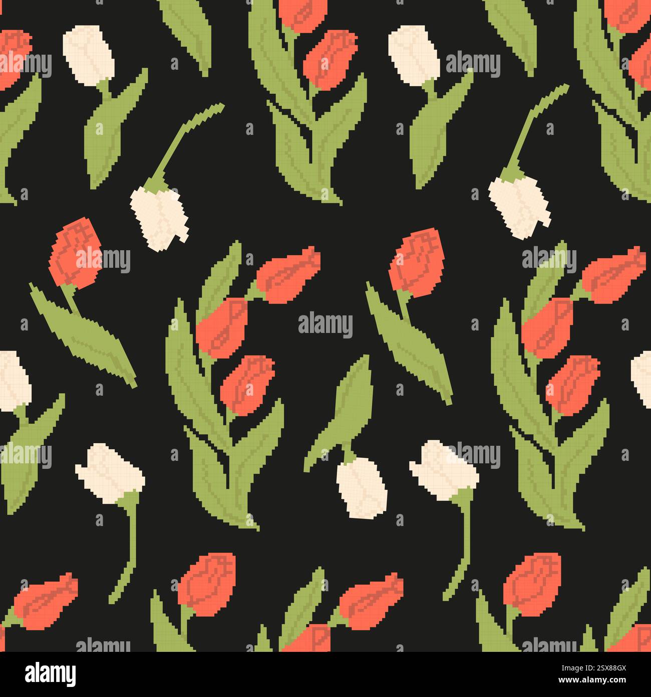 Pixel Art Seamless Pattern with flower Tulips on Black Background ...