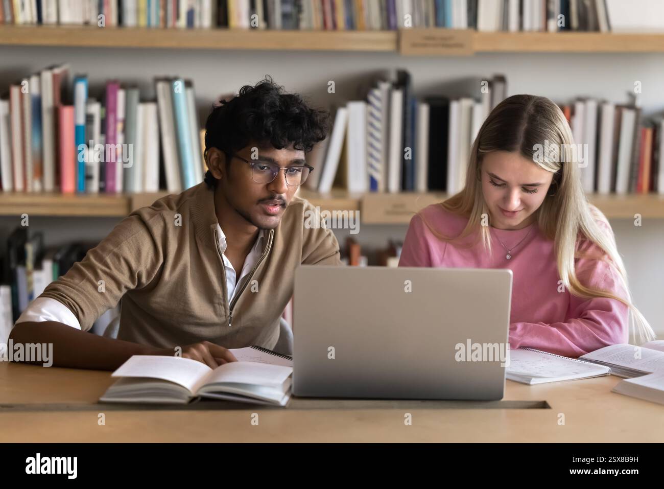 Two students working on joint assignment, preparing for exam together Stock Photo