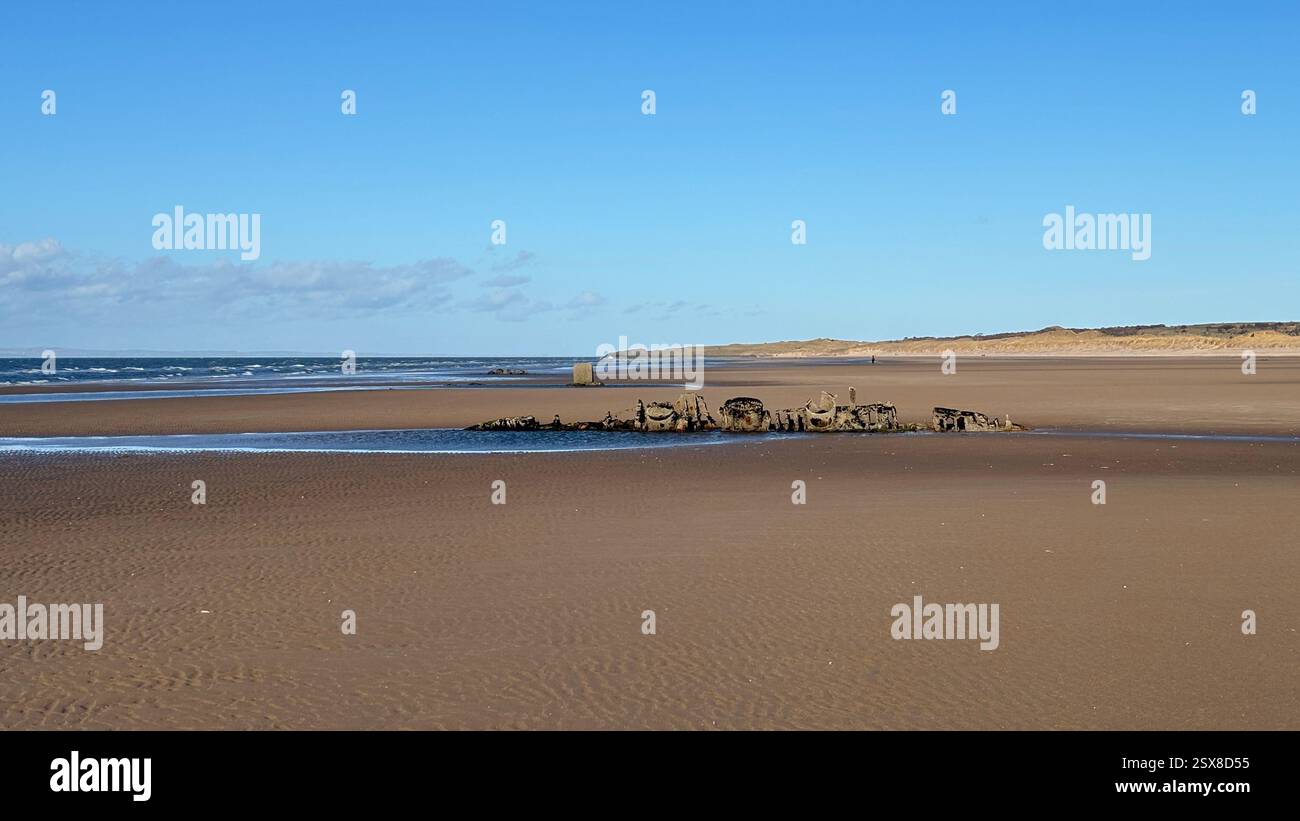 XT-class craft midget submarine ship wreck on Aberlady Beach. World War Two relic destroyed navy ship submarine u-boat - Smartphone Captured Stock Image
