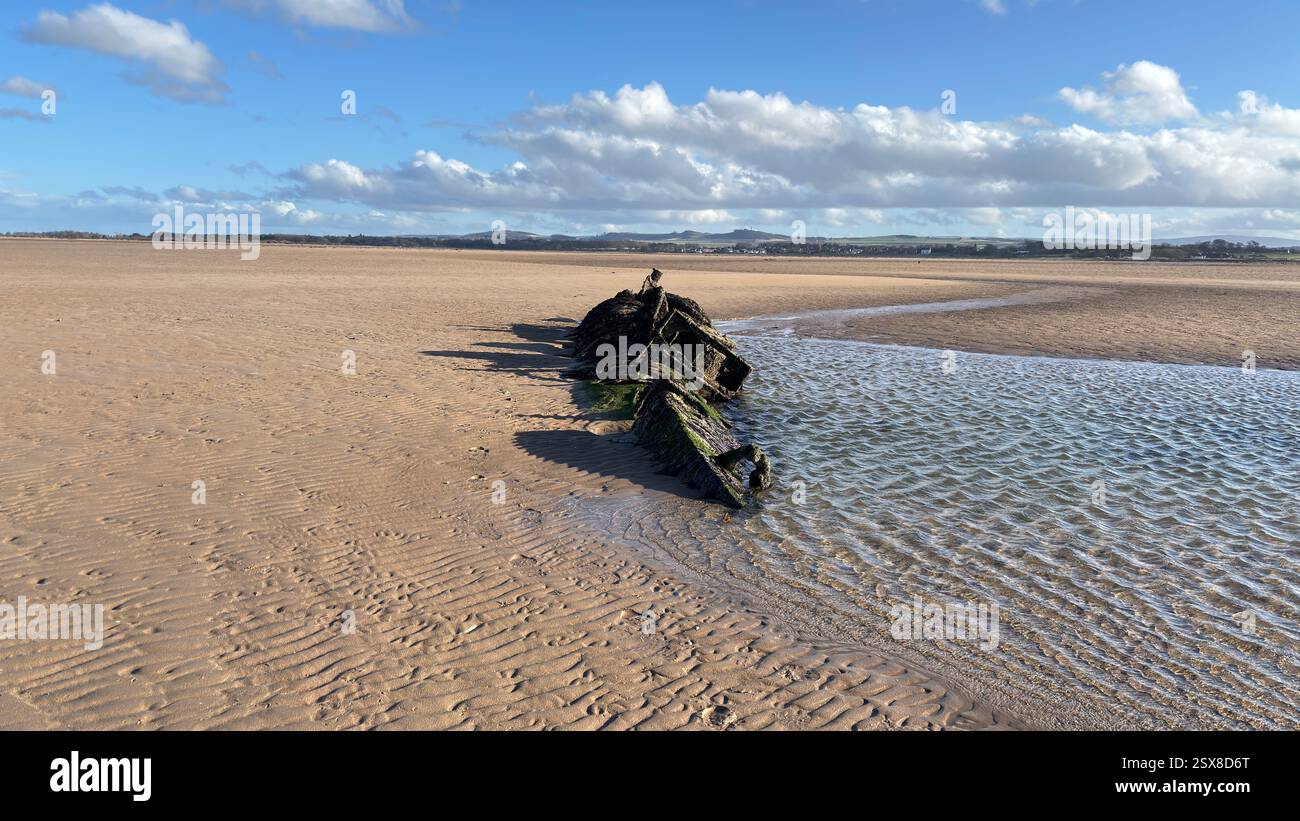 XT-class craft midget submarine ship wreck on Aberlady Beach. World War Two relic destroyed navy ship submarine u-boat - Smartphone Captured Stock Image