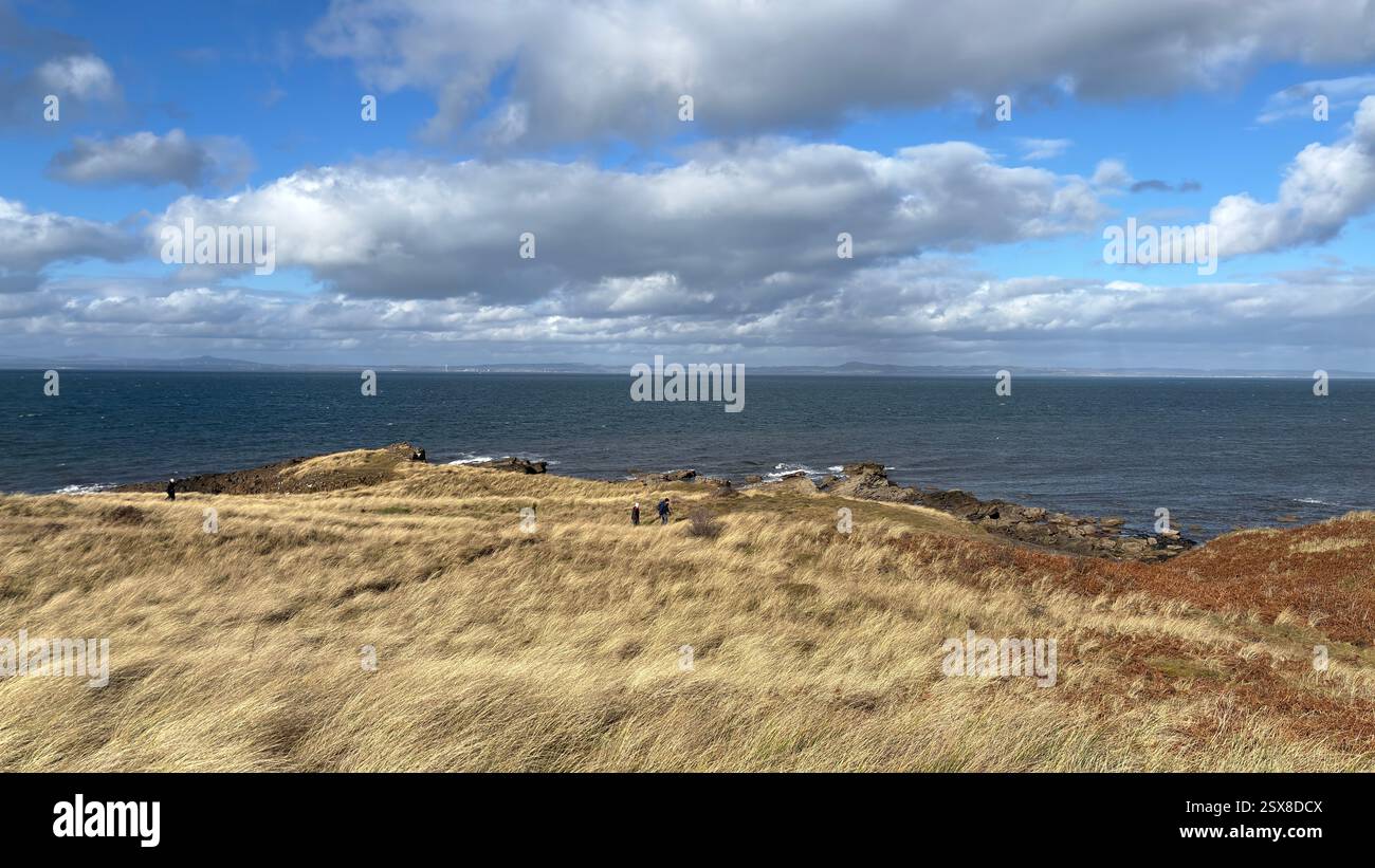 Aberlady Beach near Edinburgh in Scotland. Windswept beach on a bright Spring day. Light clouds, golden sand, sweeping coastline and sea shore - Smartphone Captured Stock Image