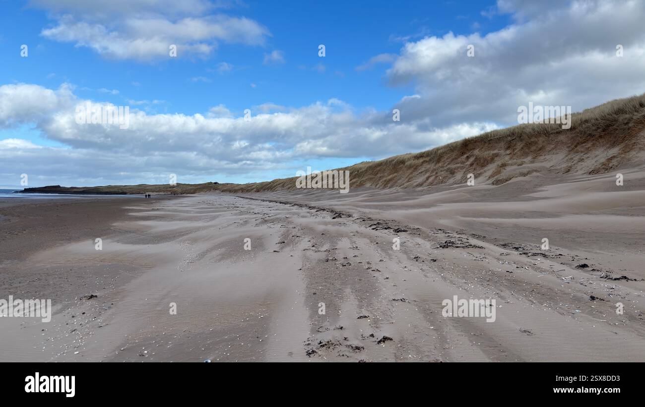Aberlady Beach near Edinburgh in Scotland. Windswept beach on a bright Spring day. Light clouds, golden sand, sweeping coastline and sea shore - Smartphone Captured Stock Image