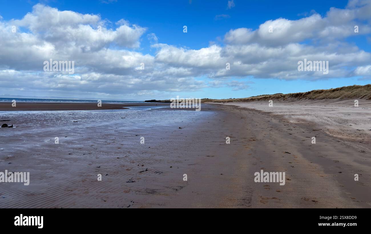 Aberlady Beach near Edinburgh in Scotland. Windswept beach on a bright Spring day. Light clouds, golden sand, sweeping coastline and sea shore - Smartphone Captured Stock Image