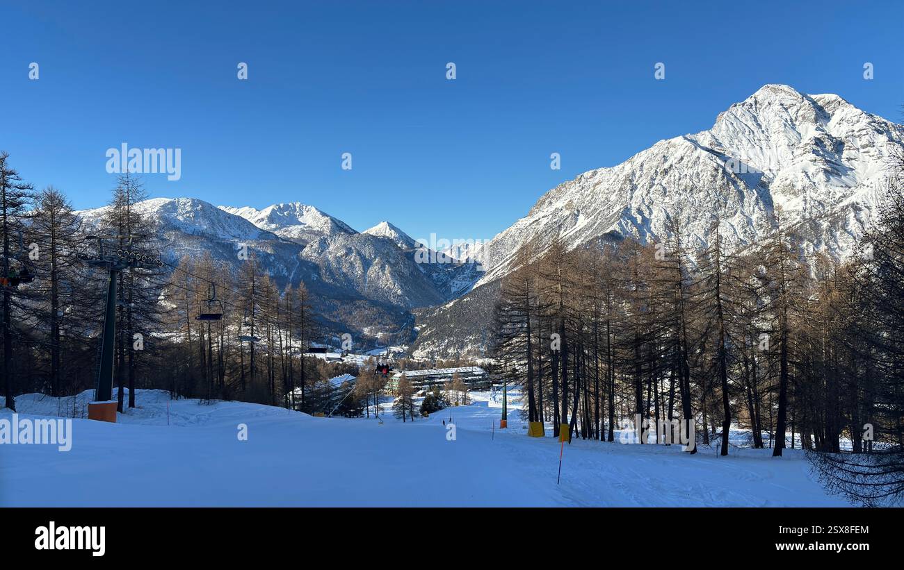 Piedmont Italy Sansicario. Ski resort snow and beautiful mountains. Alps. Alpine Mountain View skiing holiday travel outdoors beautiful winter landsca - Smartphone Captured Stock Image