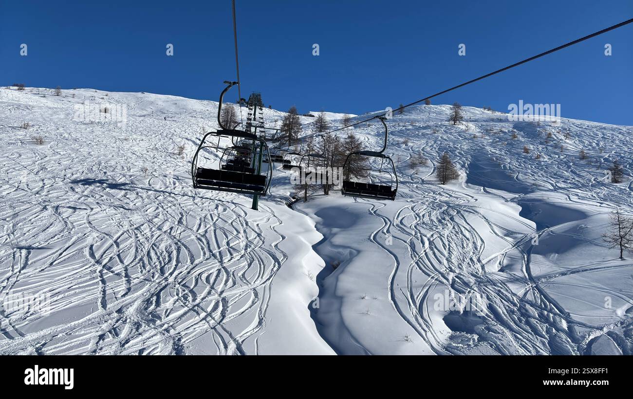 Piedmont Italy Sansicario. Ski resort snow and beautiful mountains. Alps. Alpine Mountain View skiing holiday travel outdoors beautiful winter landsca - Smartphone Captured Stock Image
