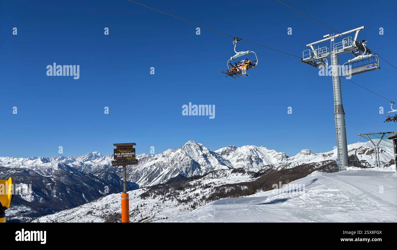 Piedmont Italy Sansicario. Ski resort snow and beautiful mountains. Alps. Alpine Mountain View skiing holiday travel outdoors beautiful winter landsca - Smartphone Captured Stock Image