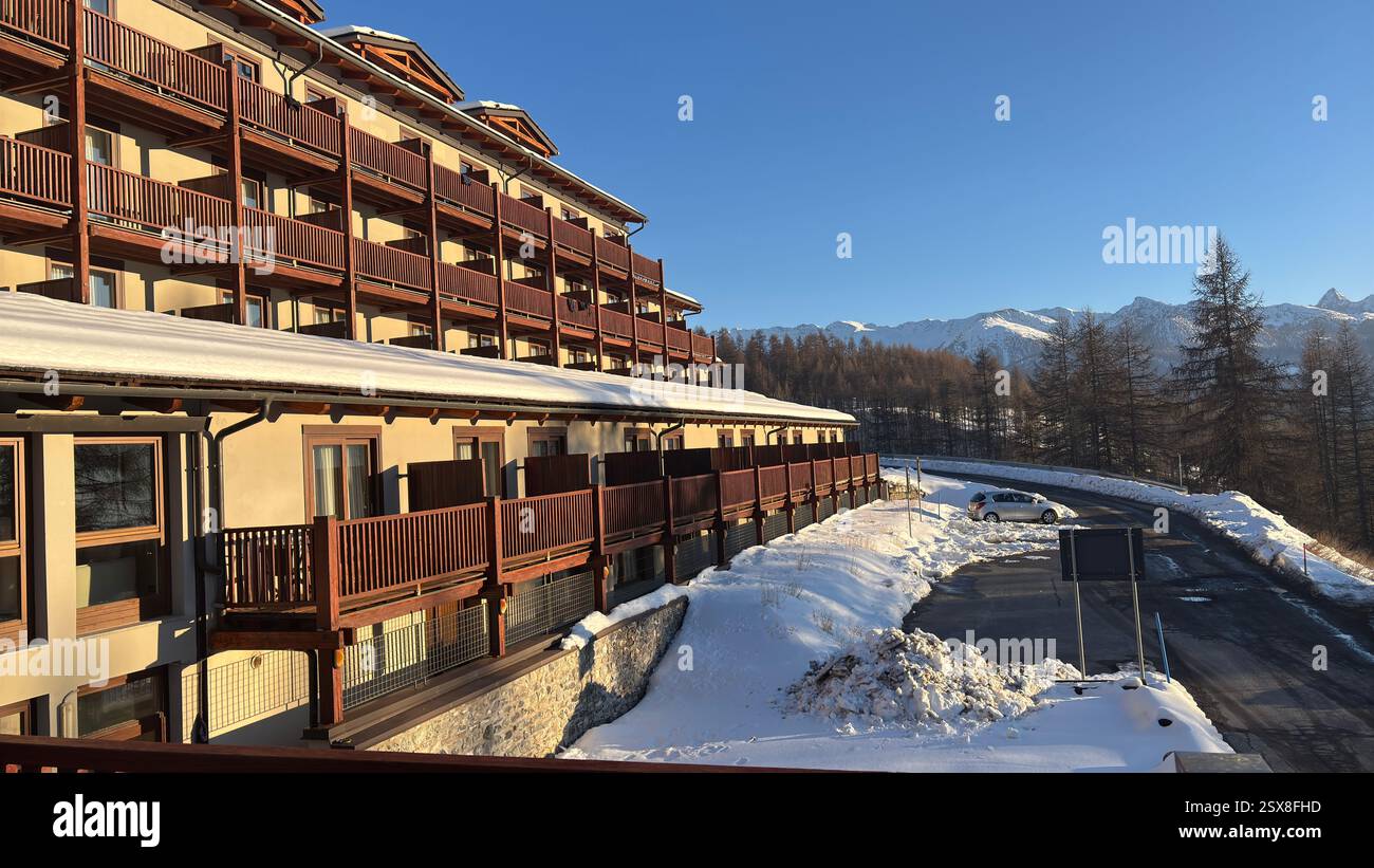 Piedmont Italy Sansicario. Ski resort snow and beautiful mountains. Alps. Alpine Mountain View skiing holiday travel outdoors beautiful winter landsca - Smartphone Captured Stock Image