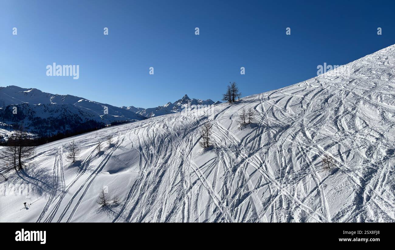 Piedmont Italy Sansicario. Ski resort snow and beautiful mountains. Alps. Alpine Mountain View skiing holiday travel outdoors beautiful winter landsca - Smartphone Captured Stock Image