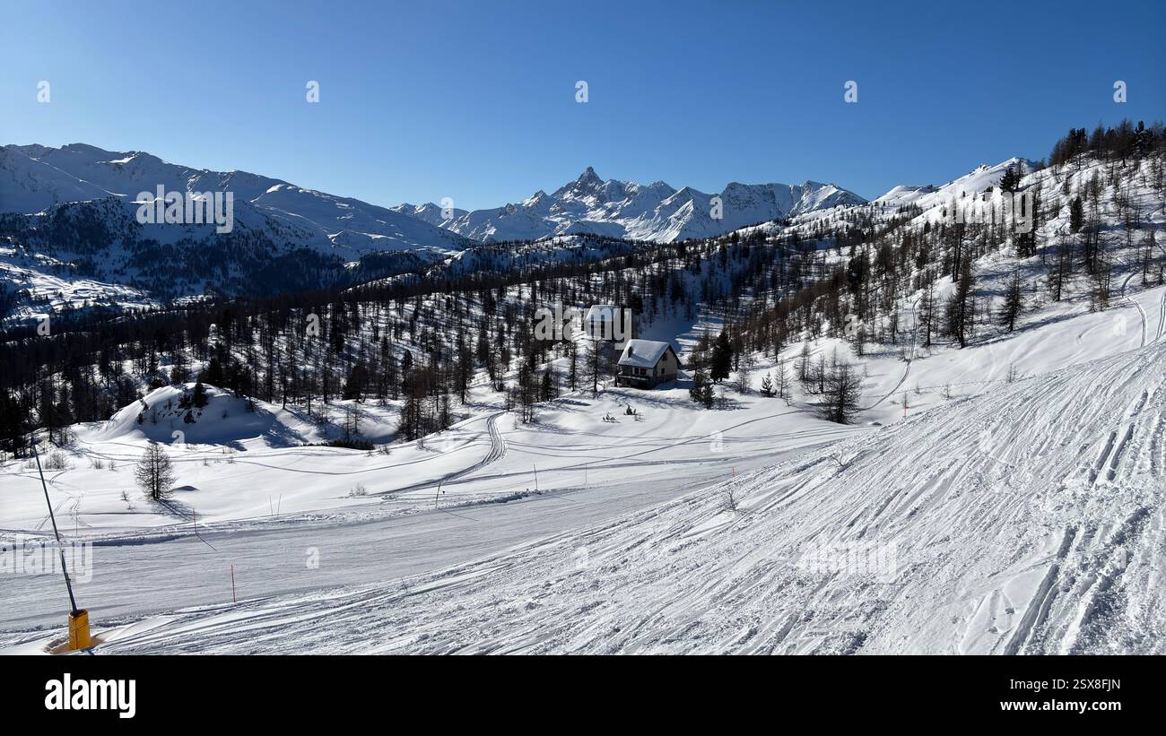 Piedmont Italy Sansicario. Ski resort snow and beautiful mountains. Alps. Alpine Mountain View skiing holiday travel outdoors beautiful winter landsca - Smartphone Captured Stock Image